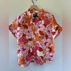 NWOT*** Rachel Roy 100% Linen Floral Blouse Short Sleeve Button Front Size M